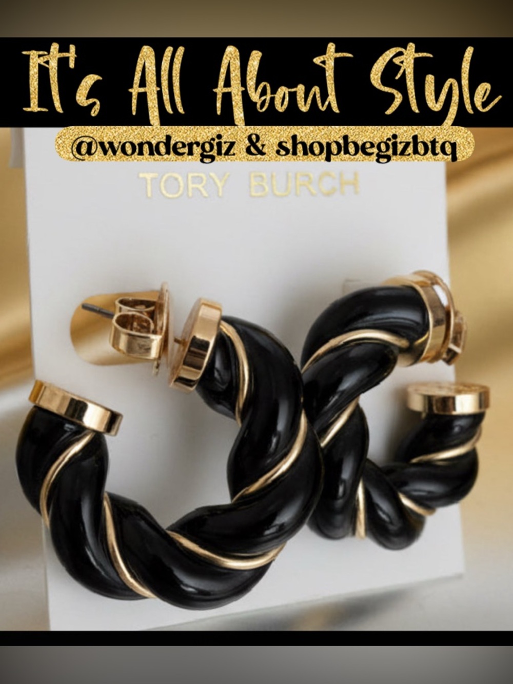 NWT Authentic Tory Burch Black and Gold Textured Rope Hoop Earrings - Picture 3 of 13
